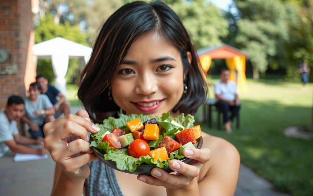 A person enjoying a healthy, colorful salad outdoors, with a focus on fresh vegetables and a vibrant, healthy lifestyle.