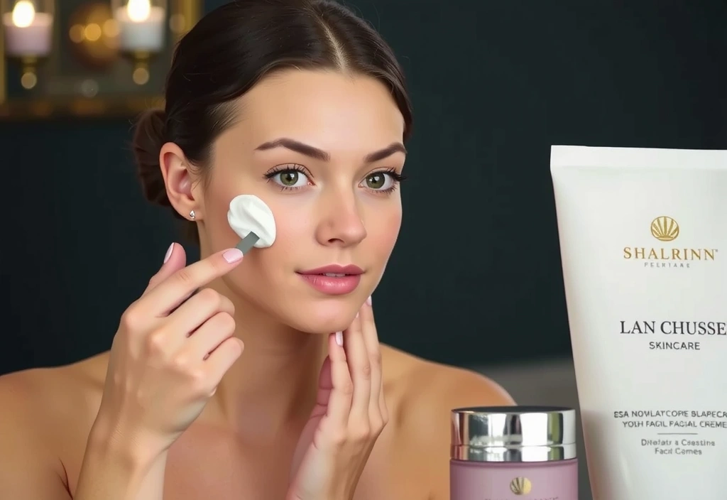 A woman applying a luxurious facial cream to her skin, with a focus on her glowing complexion and the product packaging, symbolizing women's skincare.