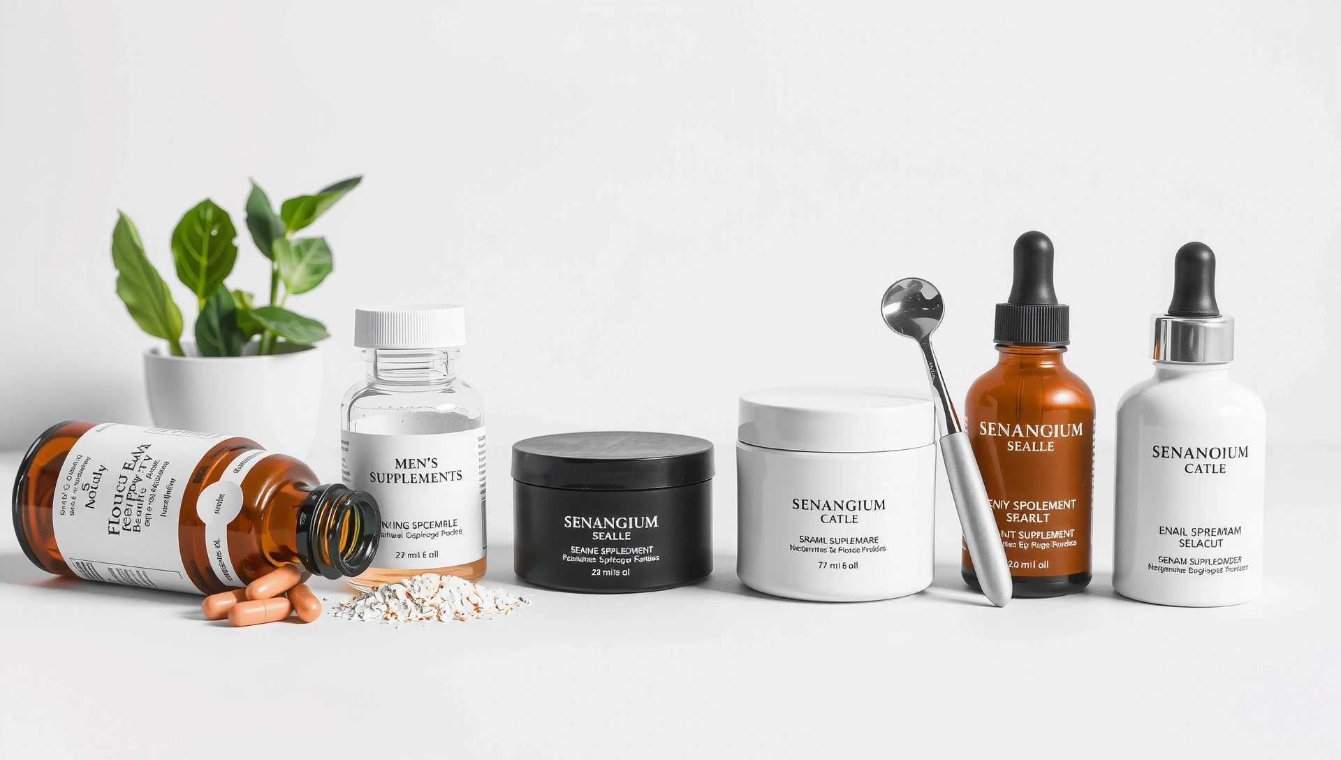 An aesthetic arrangement of natural men's supplements and elegant women's skincare products on a minimalist background, emphasizing purity and premium quality.